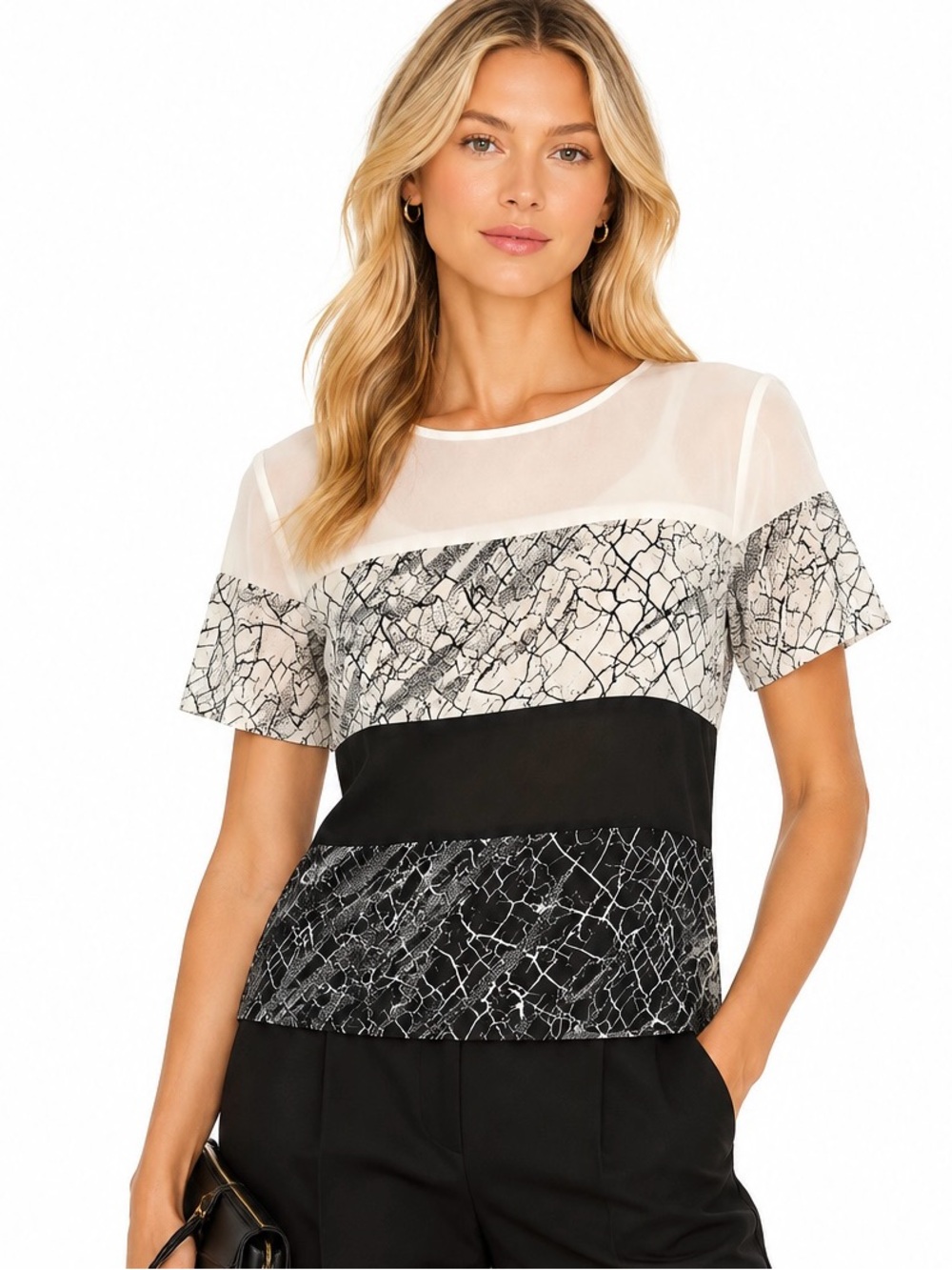 BCBGMAXAZRIA Black White Mixed Print Sheer Colorblock Top XXS